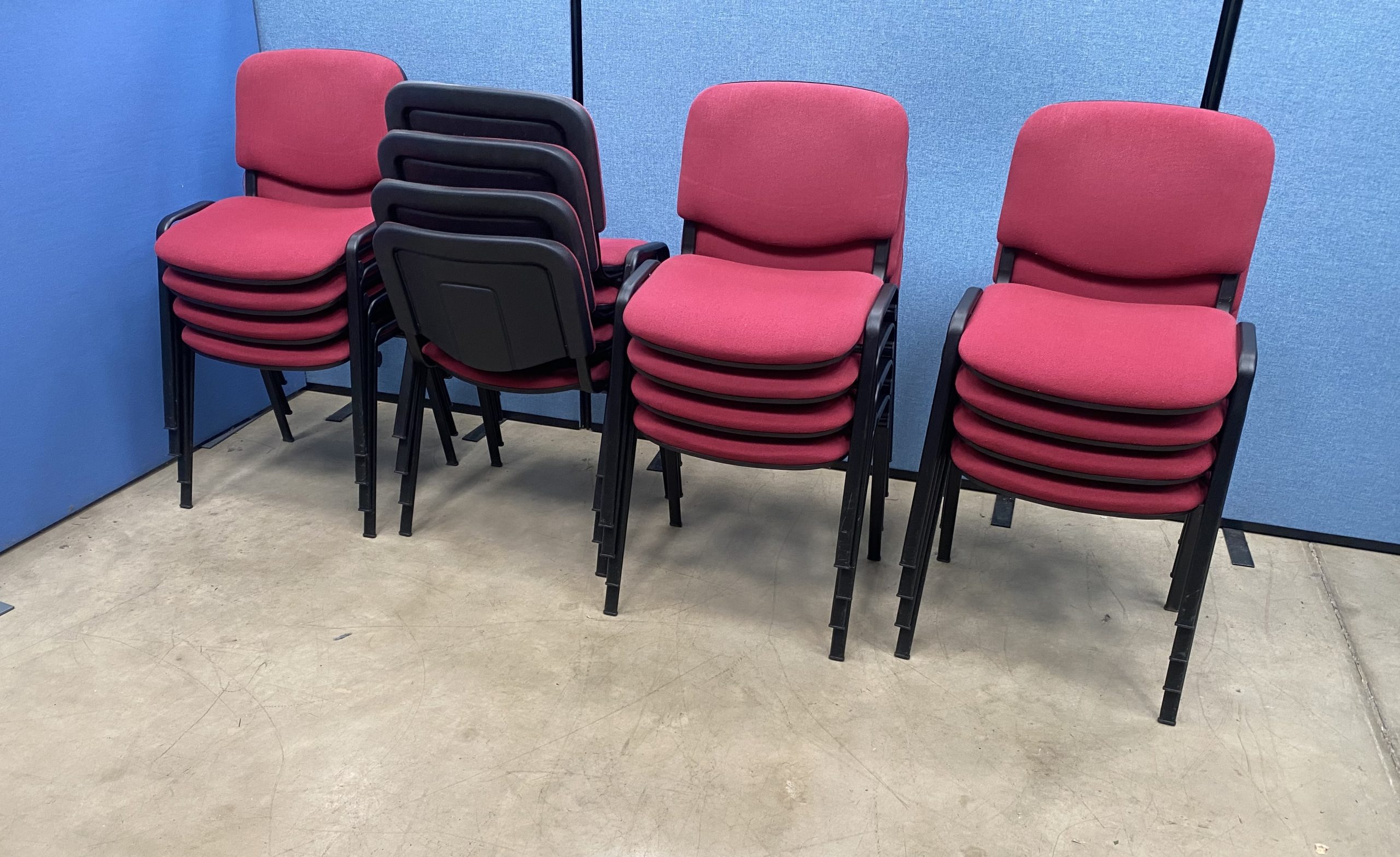 ISO Stacking Chairs x 16 | Black Frame | Claret Fabric | Used